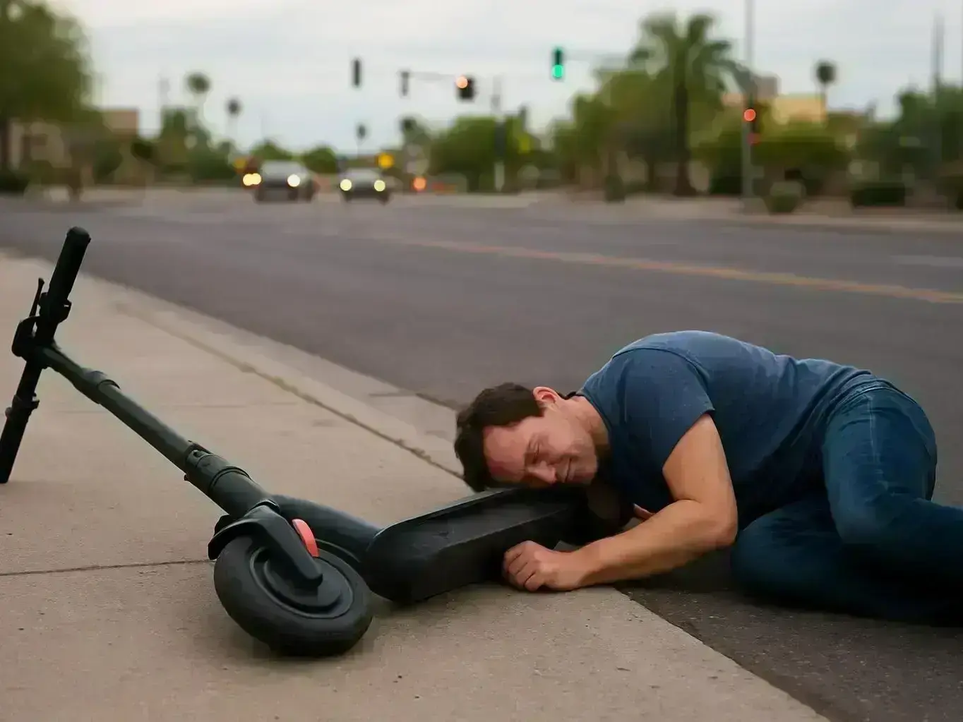 Mesa e-scooter accident lawyer meeting injured rider near Downtown Mesa after a crash by the light rail